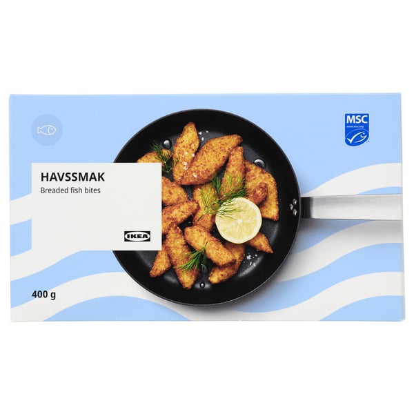 Ikea HAVSSMAK: panierte Fischhäppchen in der Schachtel, 400 g, in blauer Verpackung.