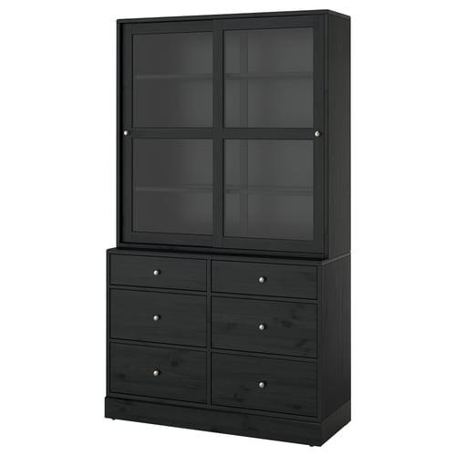 Schwarzer Holzschrank mit Glastüren und 6 Schubladen.