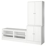 Weißes HAVSTA TV-Ständer- und Schrank-Ensemble mit Kiefernholz und Glasscheiben, das rustikalen Charme und organisierten Stauraum bietet.