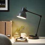 Moderne schwarze HEKTAR Schreibtischlampe mit warmem Licht, schlankem, verstellbarem Design, großem Schirm, zwischen Büchern, Bechern und Pflanzen.