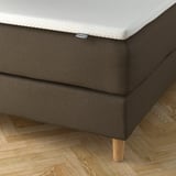 Ein modernes Bettgestell mit einem weich gepolsterten Kopfteil und Holzbeinen, die eine weiße Matratze tragen.