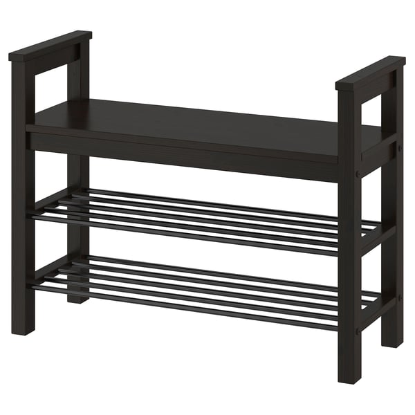 Schwarze HEMNES Schuhregalbank, Holzplatte, Einlegeböden aus Metallgitter.