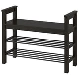 Schwarze HEMNES Schuhregalbank, Holzplatte, Einlegeböden aus Metallgitter.