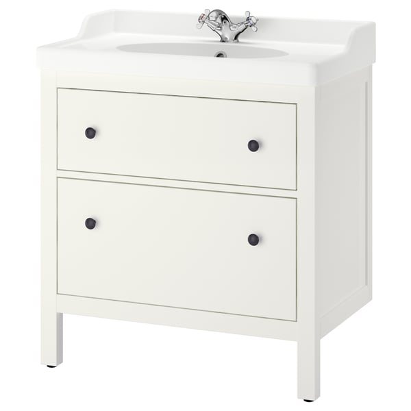 Weißer HEMNES-Waschtisch für Badezimmer, rechteckige Form, 2 Schubladen, verchromte Armaturen.