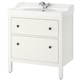 Weißer HEMNES-Waschtisch für Badezimmer, rechteckige Form, 2 Schubladen, verchromte Armaturen.