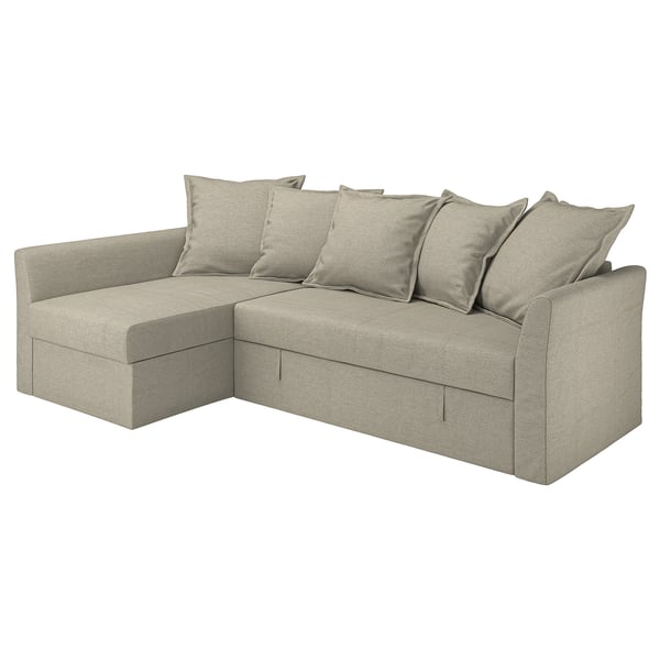 HOLMSUND beige Eckschlafcouch, geradlinig, mit sechs Kissen.