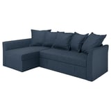 HOLMSUND blaues Schlafsofa, moderne L-Form, dunkelgrauer Stoff, gemütliche Kissen.