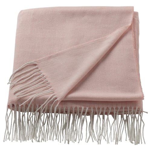 Hellrosa HOLMVI Decke, weich, rechteckig mit Fransenkanten, hergestellt aus recyceltem Polyester.