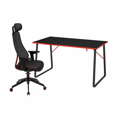 Schwarz-rotes Gaming-Setup mit ergonomischem Stuhl und rechteckigem Tisch, das auf Komfort und Effizienz ausgelegt ist.