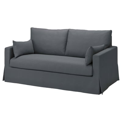 Graues HYLTARP-Sofa mit angebrachten Kissen; Modernes, komfortables, wandelbares Design.