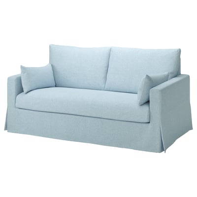 Hellblaues Sofa, weicher Stoff, klares Design, einfache Form.