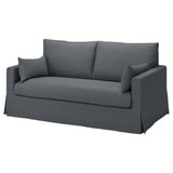 Graues HYLTARP-Sofa, schlankes Design mit weichen Kissen, einladend und bequem für die Familie.