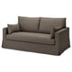 Ein olivgrünes, kompaktes Sofa mit einem klaren, klassischen Design. Es hat drei Kissen für Komfort und einen einfachen, einladenden Look.