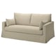 Option: Weiches beiges Sofa, schlankes, minimalistisches Design, mit drei Kissen, strukturierter Stoff.