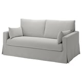 Modernes hellgraues Sofa, klare Linien, zwei Kissen, gepolstert mit einer Mischung aus Baumwolle und Polyester.