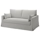 Option: Modernes hellgraues Sofa, klare Linien, zwei Kissen, gepolstert mit einer Mischung aus Baumwolle und Polyester.