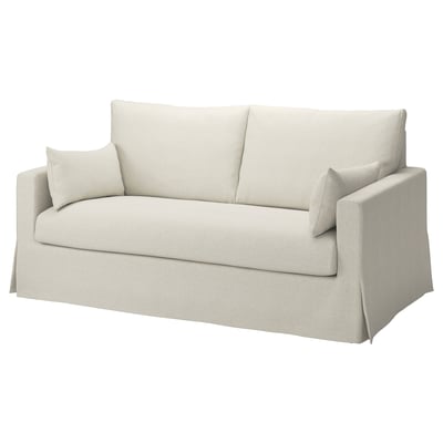 Modernes hellbeiges Sofa, klare Linien, abgerundete Armlehnen, zwei Kissen. HYLTARP, Leinen, Baumwollmischung.
