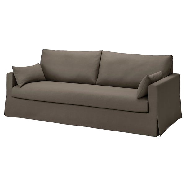 Graues HYLTARP-Sofa, modernes Design, weiche Kissen, Leinen- und Viskosestoff.