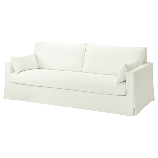 Ein weißes Sofa aus HYLTARP-Stoff mit klaren Linien und abnehmbaren, maschinenwaschbaren Bezügen aus Baumwolle und Polyester.