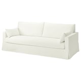 Ein weißes Sofa aus HYLTARP-Stoff mit klaren Linien und abnehmbaren, maschinenwaschbaren Bezügen aus Baumwolle und Polyester.