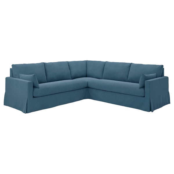 HYLTARP blaues L-förmiges Sofa, schlankes Design, weiche Kissen, strapazierfähiger Stoff.