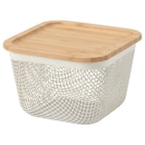 IKEA 365+ weißer Mesh-Aufbewahrungskorb mit Bambusdeckel. Quadratische Form, luftzirkulierendes Design.