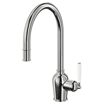 INSJÖN verchromte Küchenarmatur: hoher gebogener Auslauf, ausziehbare Spülung, verchromtes Finish, Korpus aus Messing und Zink, klassisches Design.