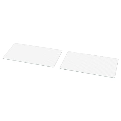 Zwei transparente Glasplatten, rechteckig, mit Rasterdesign, liegen flach nebeneinander.