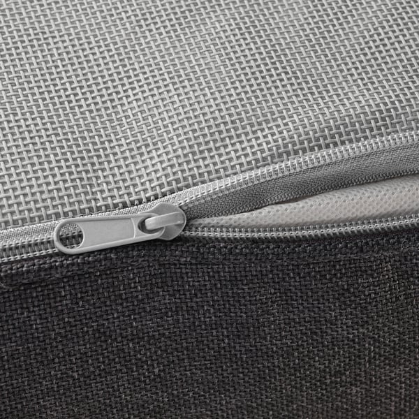 Reißverschluss aus grauem, strukturiertem Netzbeutel, Fokus auf Reißverschlussqualität und Material.
