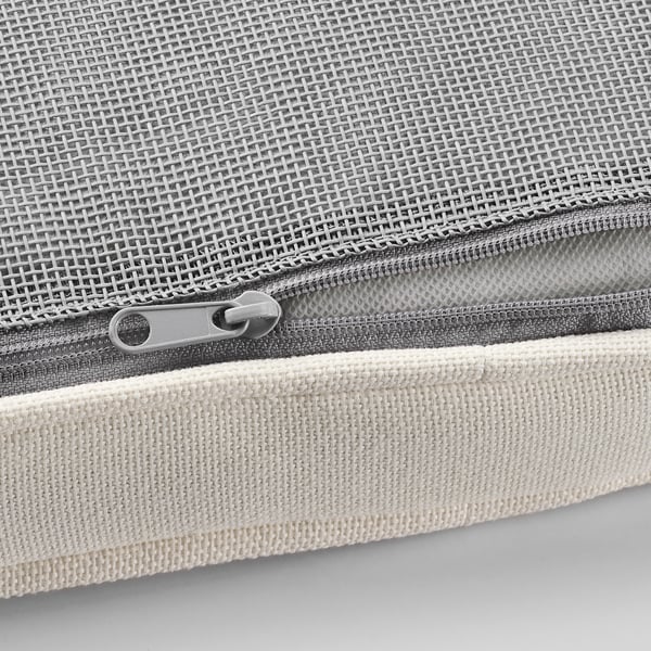 Netztasche mit Reißverschluss, strapazierfähig, hellgrau. Weißes Gummiband für sicheren Verschluss. Hochwertiges, funktionales Design.