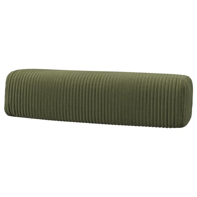 Ein olivgrünes, ovales JÄTTEBO-Kissen mit einer strukturierten, breiten Cordoberfläche aus recyceltem Polyester.