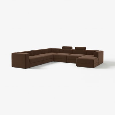 Braunes moduläres Sofa, saubere Linien, breite Polster, leicht zu reinigender Stoff, Aufbewahrungssitze.