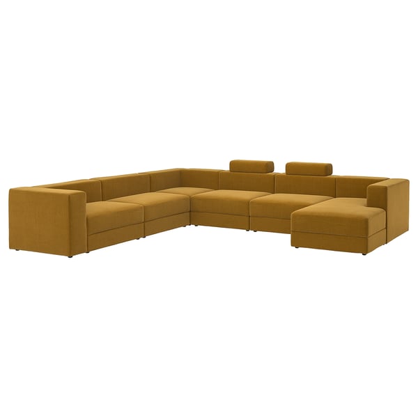 JÄTTEBO Sofa, U-Form/7-sitzig, mit Récamiere rechts mit Nackenkissen/Samsala ocker