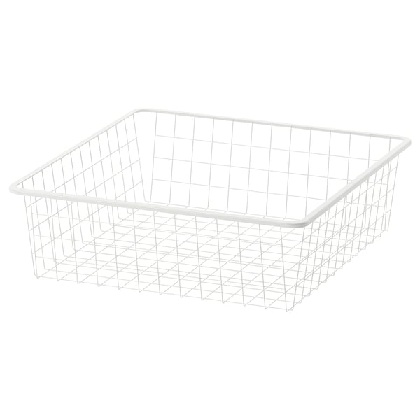 Ein weißer JONAXEL-Aufbewahrungskorb aus Draht, rechteckig, mit Gitterdesign zur Belüftung, ideal zum Organisieren und Aufbewahren von gefalteter Kleidung oder Accessoires.