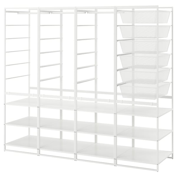 Ein weißes JONAXEL-Aufbewahrungssystem mit Regalen und Netzkörben, ideal für die Organisation von Kleidung und Accessoires.