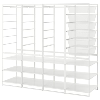 Ein weißes JONAXEL-Aufbewahrungssystem mit Regalen und Netzkörben, ideal für die Organisation von Kleidung und Accessoires.