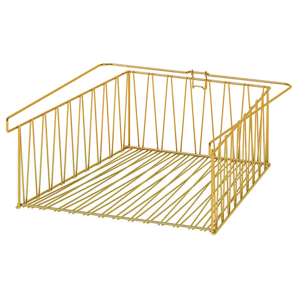 KALLAX Korb aus Golddraht, rechteckig mit Metallgriffen, modernes Design.