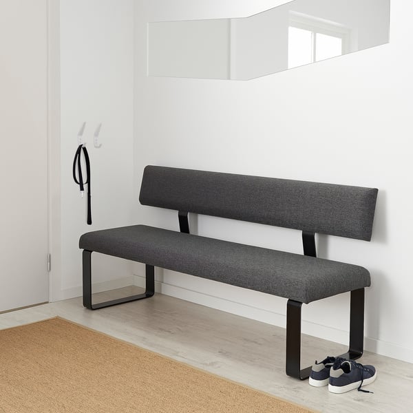 Moderne Bank mit gepolsterter Sitzfläche und Rückenlehne, ideal für Flure oder Wohnzimmer, schwarze Metallbeine.