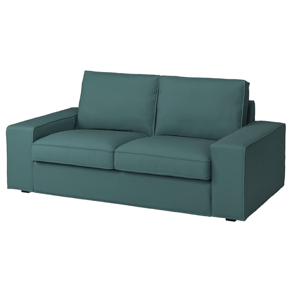 Dieses Bild zeigt ein blaugrünes KIVIK 2-Sitzer-Sofa mit einem schlanken, modernen Design mit weichem, breitem Cordstoff und tiefen Sitzkissen.