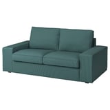 Dieses Bild zeigt ein blaugrünes KIVIK 2-Sitzer-Sofa mit einem schlanken, modernen Design mit weichem, breitem Cordstoff und tiefen Sitzkissen.