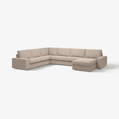 KIVIK beige Ecksofa, moderne Form, niedrige Armlehnen, abnehmbare Kissen.