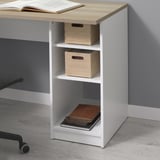 KJELLARNE Schreibtisch mit Regalen. Oben finden Bücher, in der Mitte Kisten, unten Bücher.