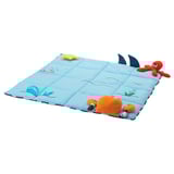 KLAPPA Baby-Spielmatte: blau, quadratisch, gepolstert, mit bunten Meerestier-Motiven.