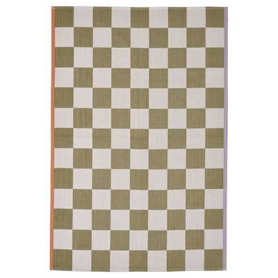 KLASSRUM orange-grüner Schachbrettteppich, lebendig, quadratisch, Baumwoll-Polyester, flach gewebtes Design.