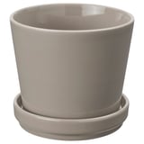 KLOTLÖNN Pflanzgefäß aus grauer Keramik mit Untertasse, rundes und schlichtes Design, geeignet für den Innen- und Außenbereich.