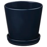 Runder blauer Keramik-Pflanzkübel mit Untertasse, modern.