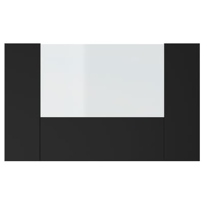 Schwarze rechteckige Schubladenfront, schlichtes, modernes Design mit Glasscheibe.