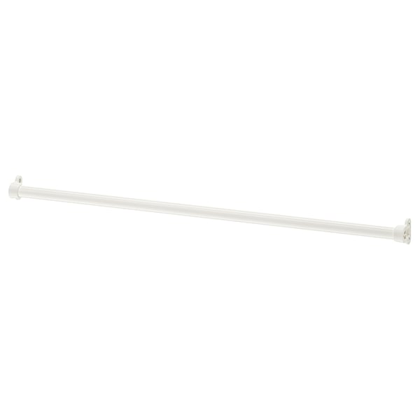 Eine weiße IKEA KOMPLEMENT Kleiderstange. Es ist schlank, lang und besteht aus Stahl mit einer Epoxid-/Polyester-Pulverbeschichtung. Perfekt zum Aufhängen von Kleidung.