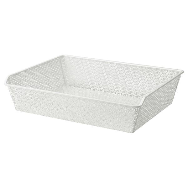 Ein weißer Korb aus Drahtgeflecht namens KOMPLEMENT, der für die Aufbewahrung von Kleidung oder Accessoires konzipiert ist, mit einem modernen kreisförmigen Muster und einem robusten Stahlboden.