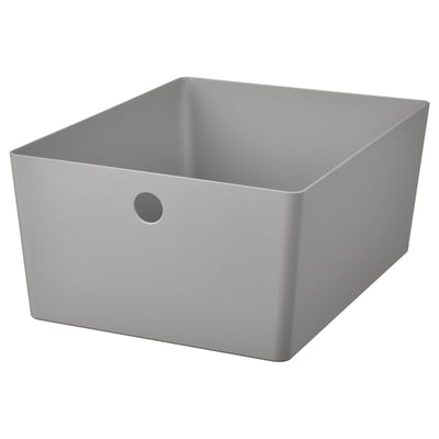 KUGGIS Aufbewahrungsbox aus grauem Kunststoff, rechteckige Form, ein Griffloch.